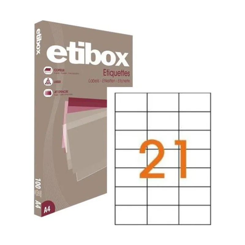 Etibox Etiquetas adhesivas impresora A4 blanca caja 100h cantos rectos 70x42 2100 unid.
