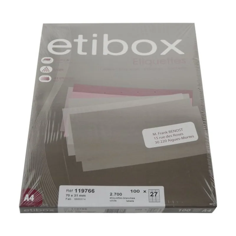Etibox Etiquetas adhesivas impresora A4 blanca caja 100h cantos rectos 70x30 2700 unid.