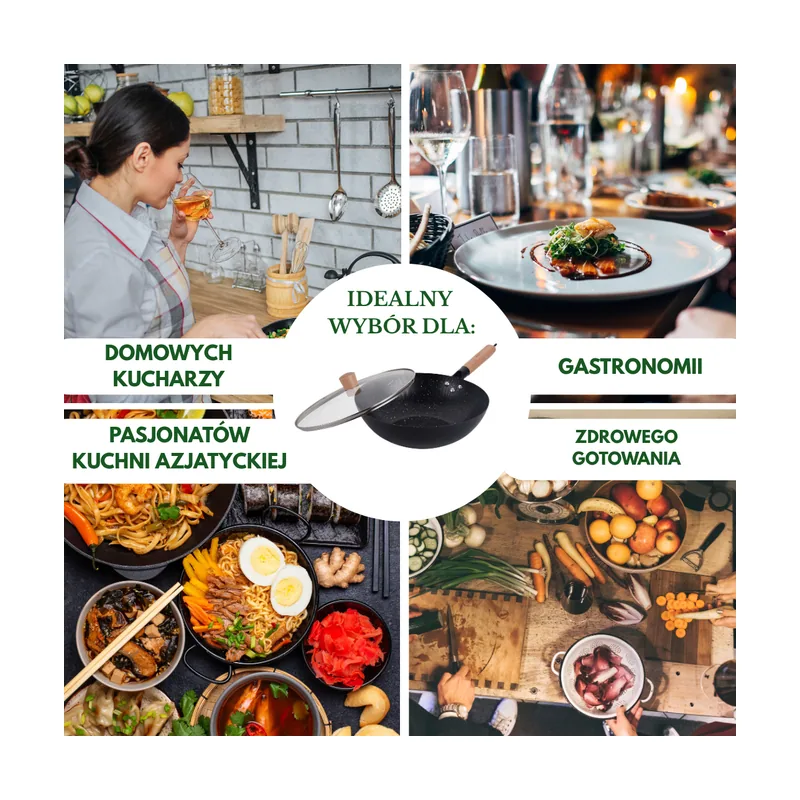 Kinghoff patelnia wok 30cm z pokrywką stal węglowa powłoka marmurkowa nieprzywierająca drewniany uchwyt