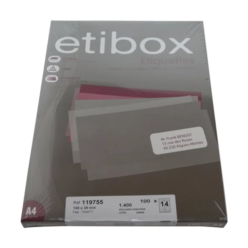Etibox Etiquetas adhesivas impresora A4 blanca caja 100h cantos rectos 105x39 1400 unid.