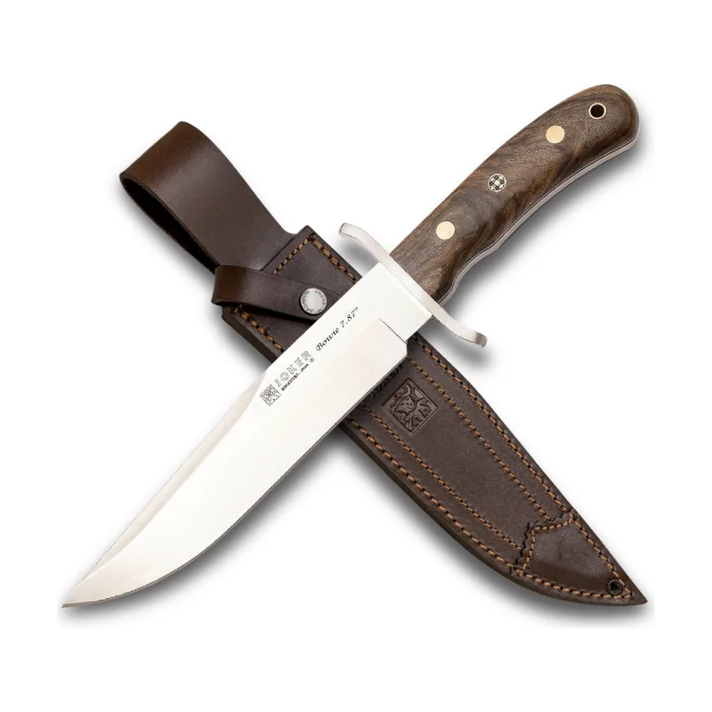 Joker Cuchillo Bowie CN147 enterizo acero inoxidable 20 cm mango nogal funda cuero marrón para camping supervivencia bushcraft y outdoor