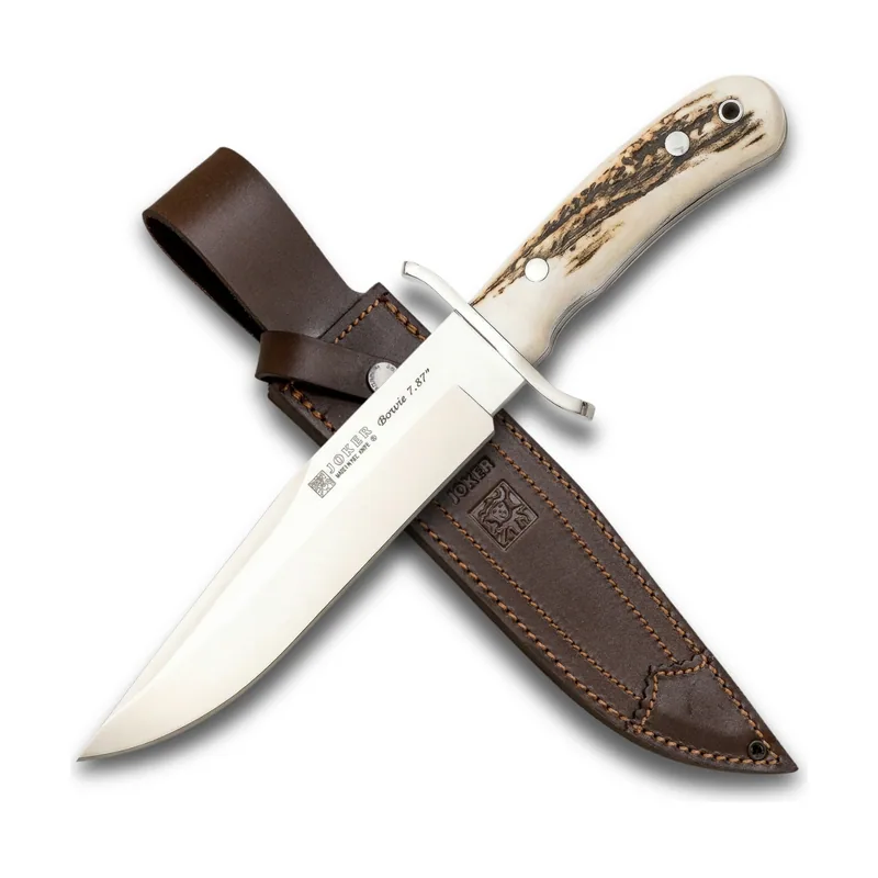 Joker Cuchillo CC147 Bowie enterizo acero inoxidable hoja 20 cm mango asta de ciervo funda cuero marrón para camping bushcraft supervivencia outdoor