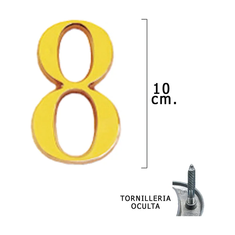 WOLFPACK LINEA PROFESIONAL - Numero Latón "8" 10 cm. con Tornilleria Oculta Blister 1 Pieza