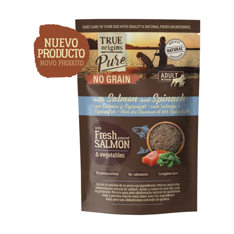 True Origins 150 g Pure con Salmón y Espinacas sobre