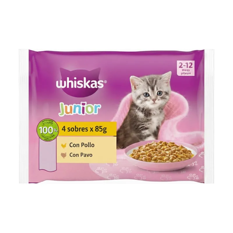 Whiskas 4 sobres x 85 g Pure Delight Junior Selección Aves Gelatina en Bolsita