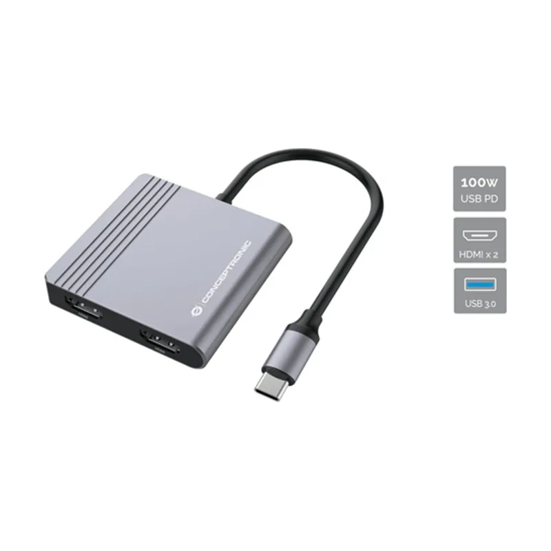 Conceptronic Adaptador USB-C 4EN1 DONN013 HDMI X2 USB 3.0 X 1 USB-C X 1 Carga MAX