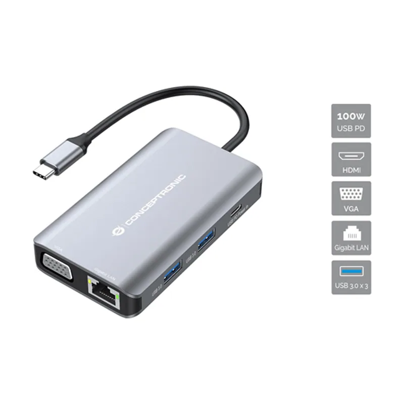 Conceptronic Adaptador USB-C 7IN1 HDMI VGA USB 3.0 LAN Gigabit USB-C Carga