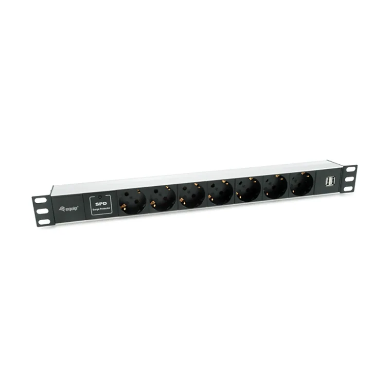 Equip Regleta Alimentacion Aluminio Rack 19" 1U 7 Tomas Tipo Shucko Euro + 2 Tomas USB CON Protector SPD Cable