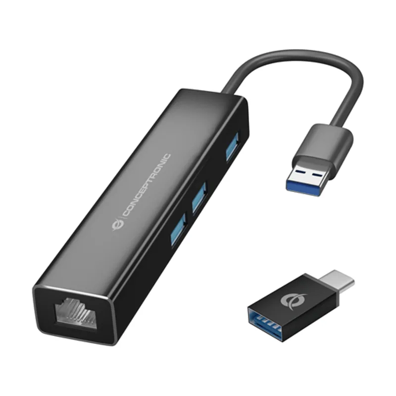 Conceptronic Adaptador USB A Gigabit Ethernet RJ45 CON HUB USB 3.0 3 Puertos Y Adaptador USB-C