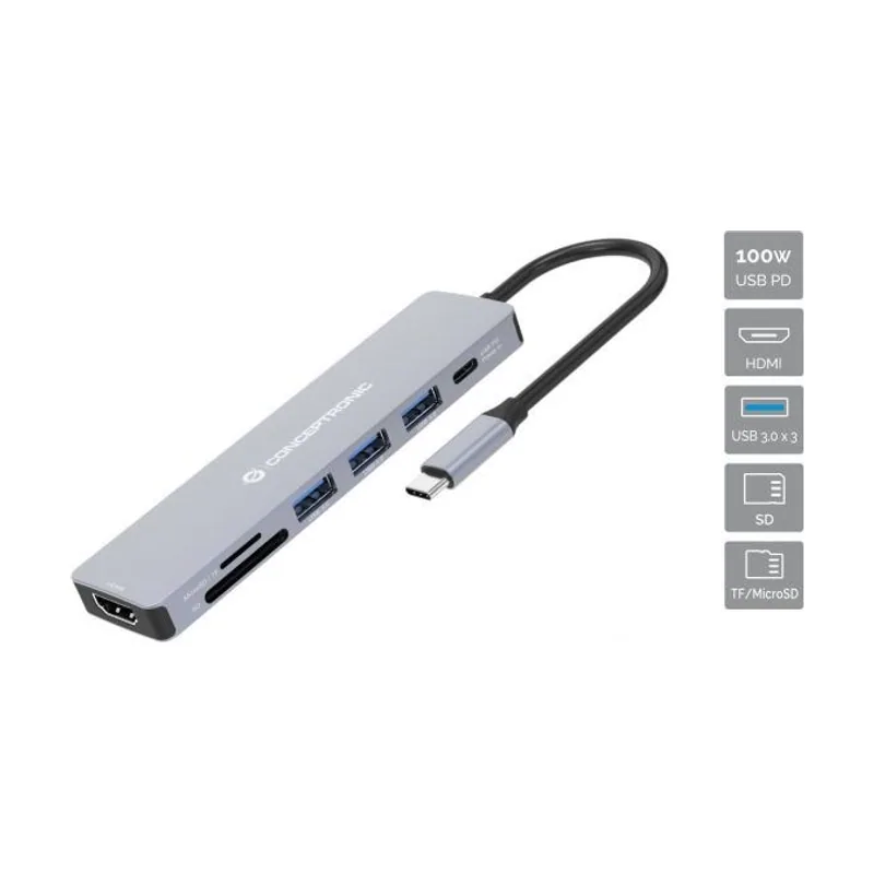 Conceptronic Adaptador USB-C 7IN1 HDMI USB-A 3.0x3 USB-C PD
