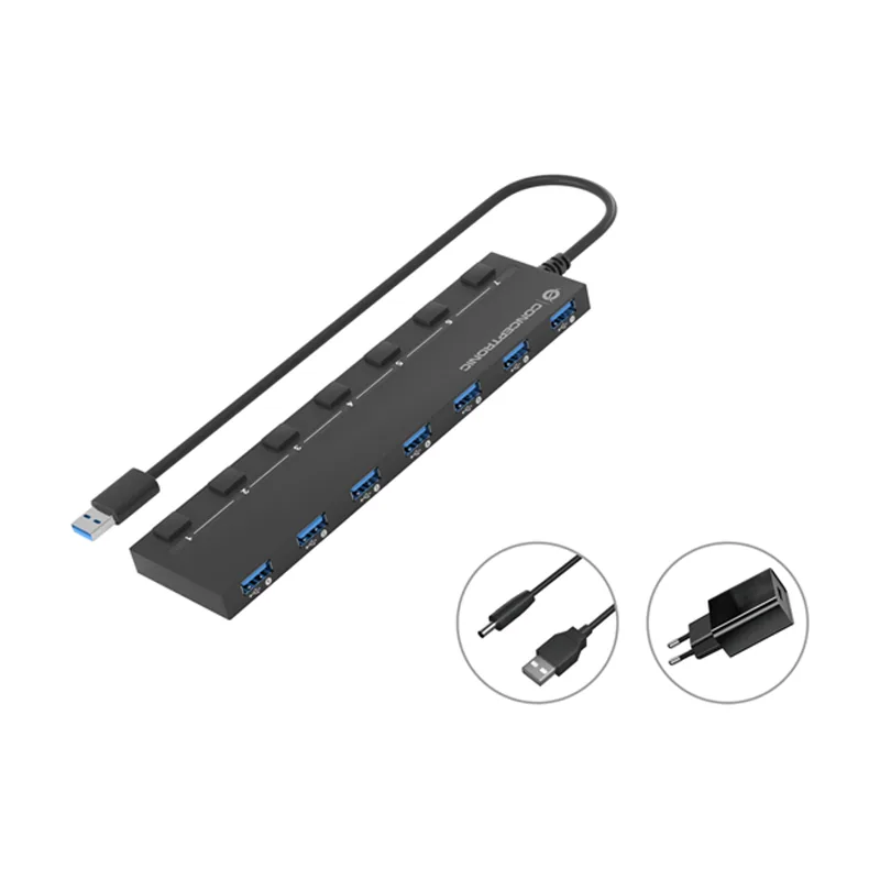 Conceptronic HUB USB 3.2 HUBBIES19BP 7 Puertos USB 3.0 CON Interruptores Y Alimentador