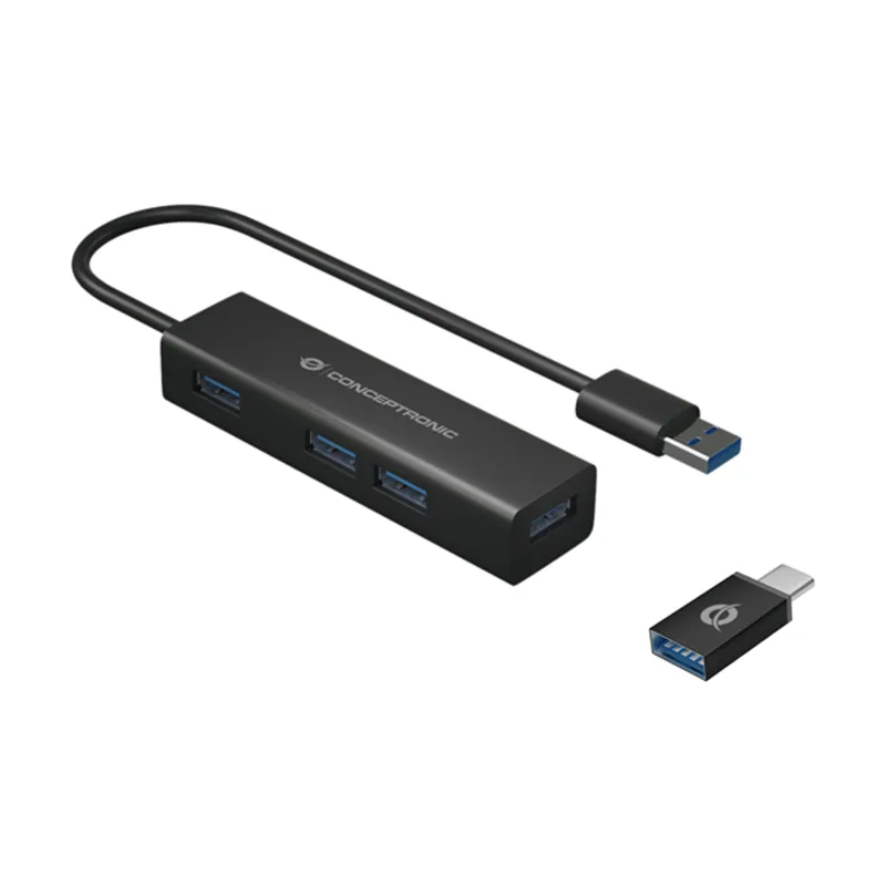 Conceptronic HUB 3.0 HUBBIES06B 4 Puertos USB 3.0 CON Adaptador USB-C Negro Carcasa DE Aluminio