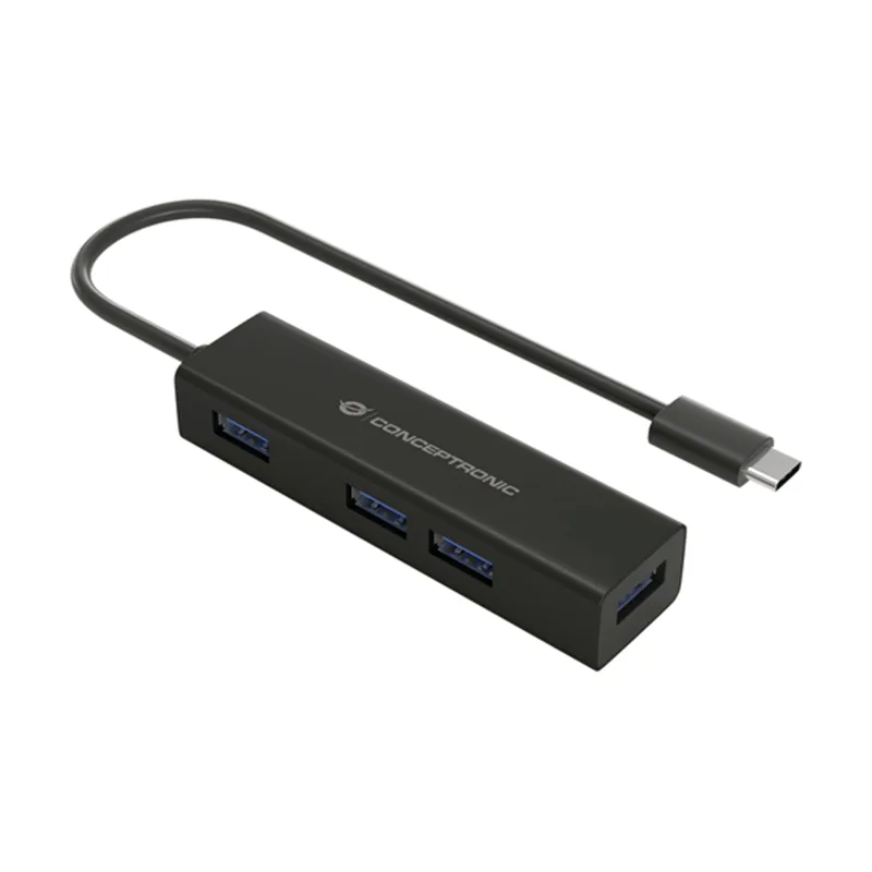 Conceptronic HUB USB-C 3.0 HUBBIES07B 4 Puertos USB 3.0 Negro Carcasa DE Aluminio