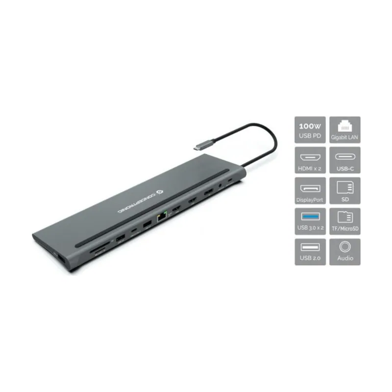 Conceptronic Adaptador USB-C 12IN1 HDMIx2 Displayport Gigabit USB-C Datos USB-A Audio LAN