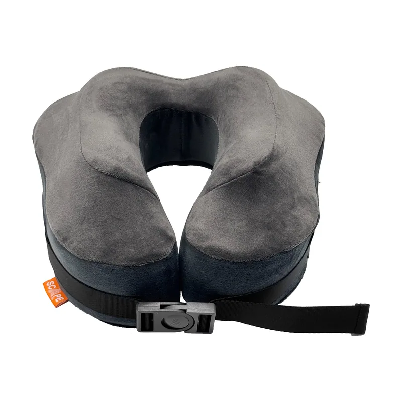 Almohada de viaje viscoelástica premium con cierre clip gris y funda de transporte