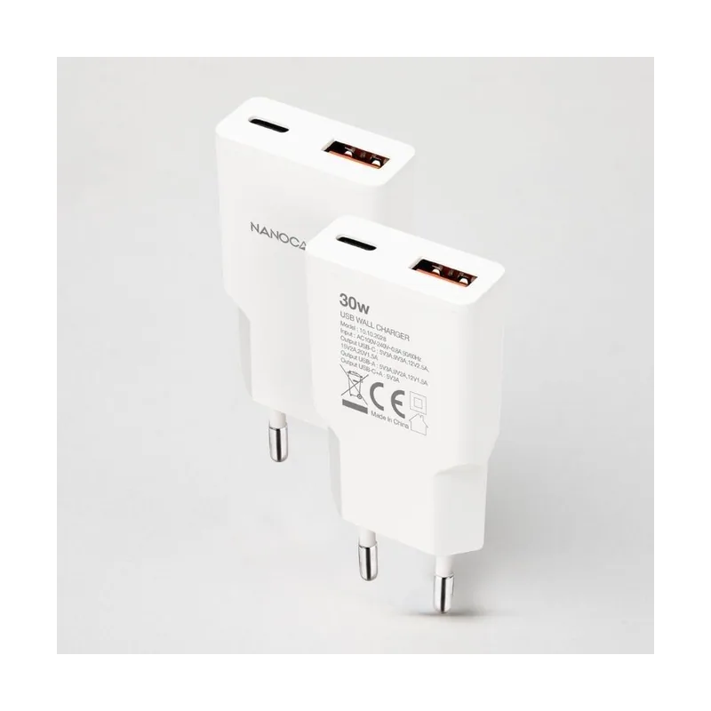 Nanocable Cargador USB-C/PD 30W + USB-A/QC 30W