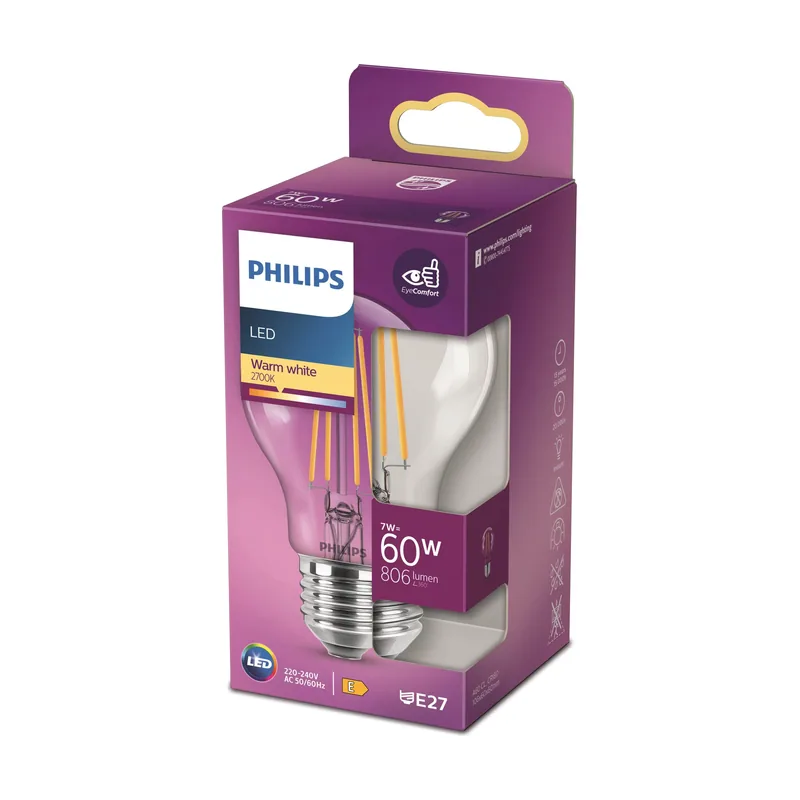 Philips Bombilla de filamento transparente 60 W A60 E27