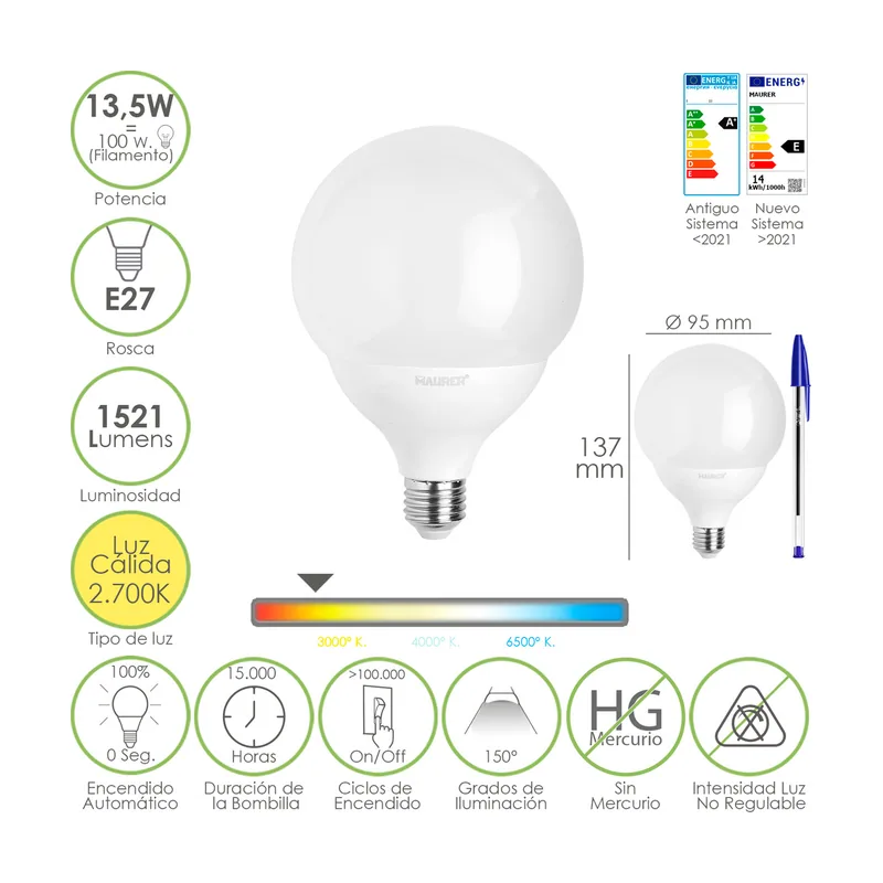 19073174 lámpara LED 3000 K 13,5 W E27