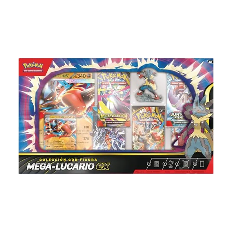 Pokémon Colección con Figura Mega-Lucario ex de JCC Pokémon 1 Carta holográfica grabada en Relieve
