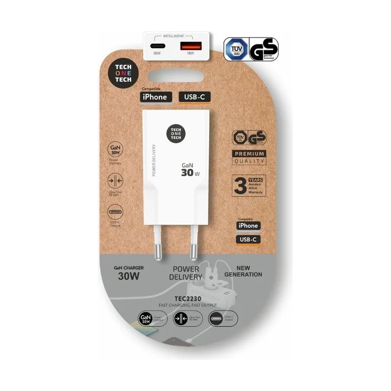 Tech ONE Tech Cargador de pared gan tec2230 1xusb tipo-c 1xusb