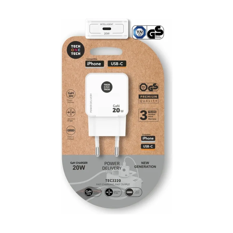Tech ONE Tech Cargador de Pared GAN TEC2220-1xUSB Tipo-C