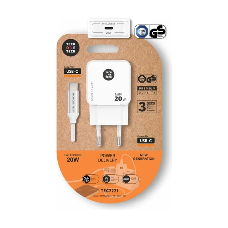 Tech ONE Tech Cargador de Pared TEC2221-1xUSB Tipo-C + Cable USB Tipo-C