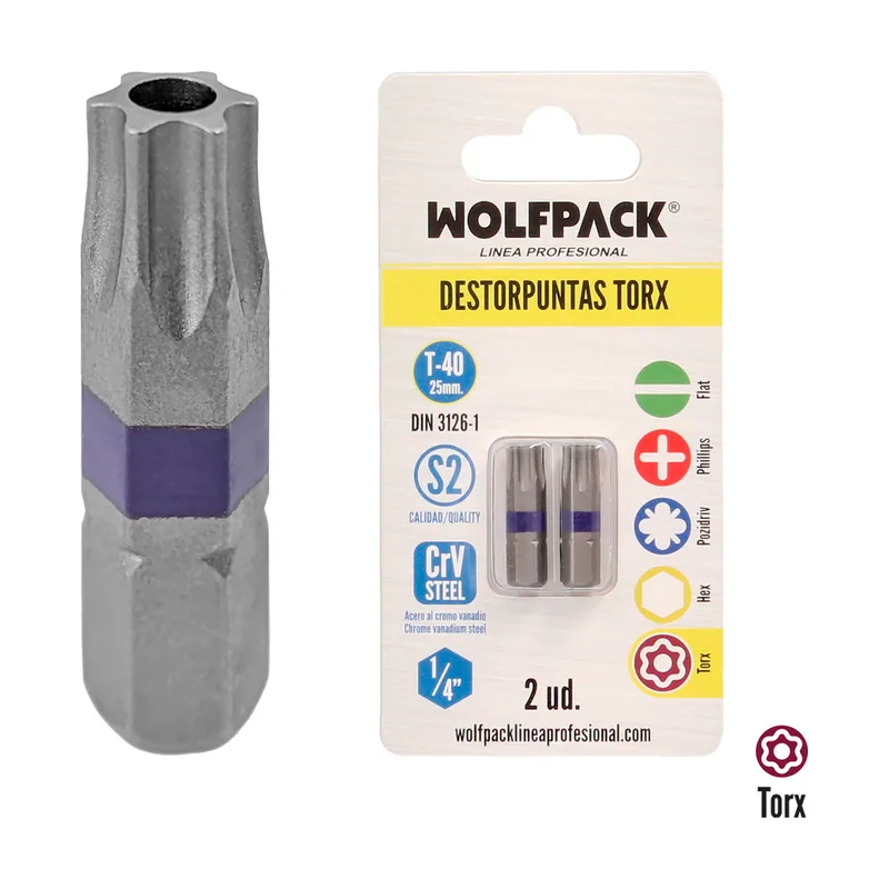 Puntas Destornillador Torx 40 Inviolable 2 Piezas. Acero S2 al Cromo Vanadio. Puntas Hexagonales