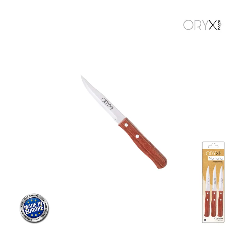 Oryx Cuchillo montana patatero hoja acero inoxidable 9 cm. mango madera blister 3 piezas