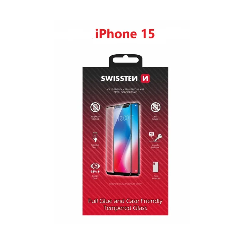 Swissten Tempered glass with black edges frame case friendly for iphone 15 plus