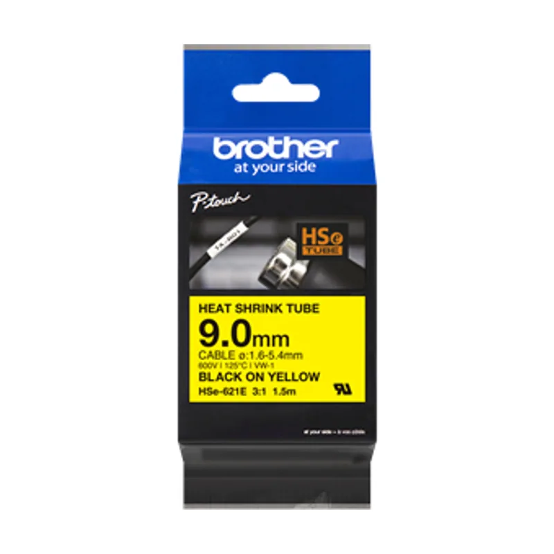 Brother HSE621. Cinta Tubo termorretráctil. Texto Negro sobre Fondo Amarillo. Ancho 9mm. Longitud 1,5m. Cable Recomendado Ø