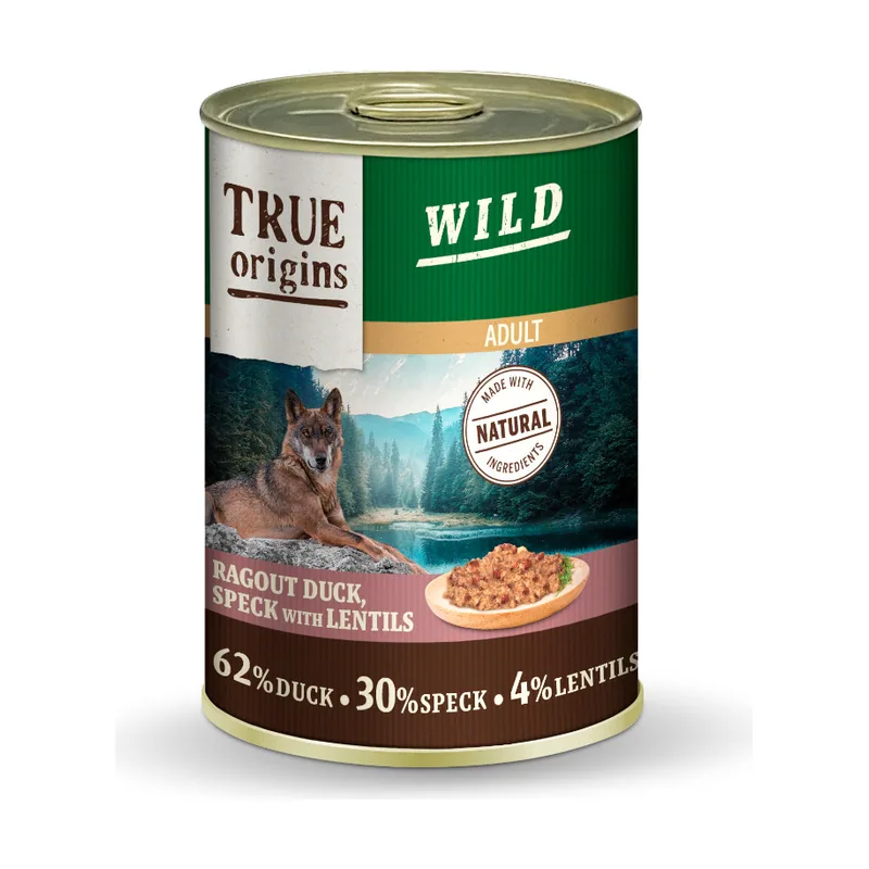 True Origins 400 g Wild Adult Dados de Pato con Speck y Lentejas lata