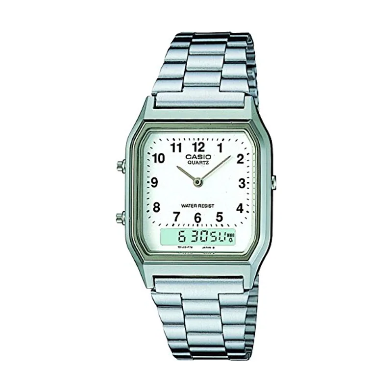 Casio Reloj Cuarzo Unisex 34,00 mm con dial Análogico-Digital Blanco y Correa de Pulsera de Metal Plata AQ-230A-7DMQYES