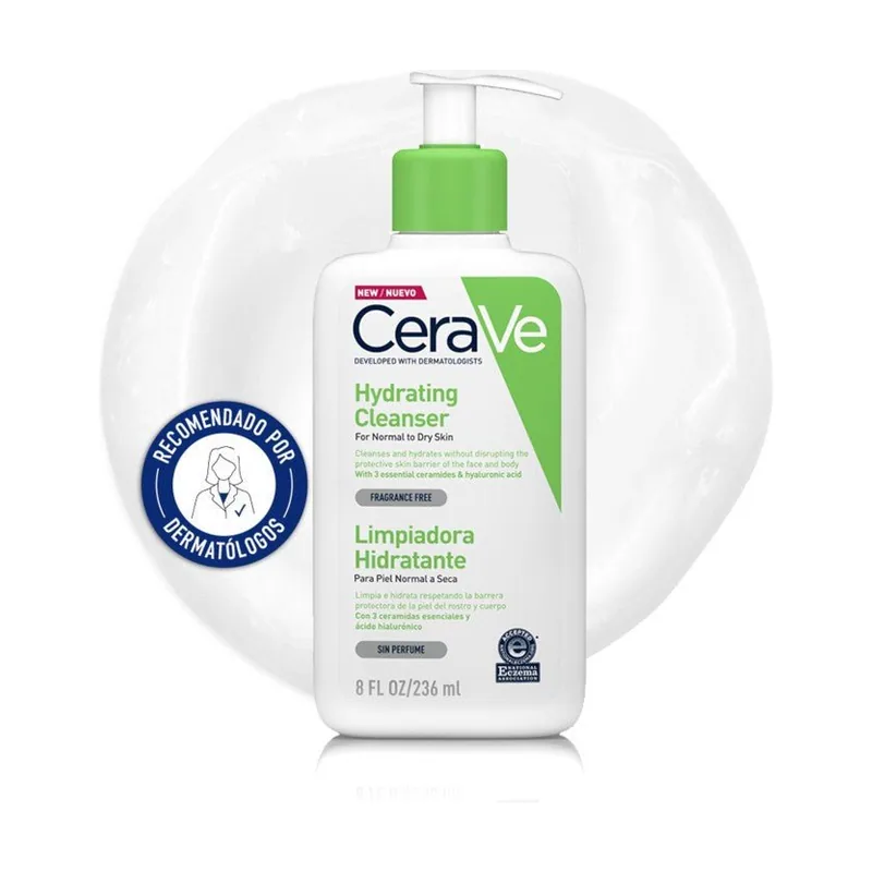 CeraVe LIMPIADOR HIDRATANTE para piel normal y seca con tres ceramidas y ácido hialurónico 236 ml