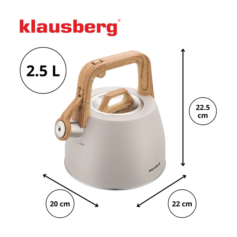 Klausberg Tetera de acero inoxidable con silbato de acero con mango ergonómico
