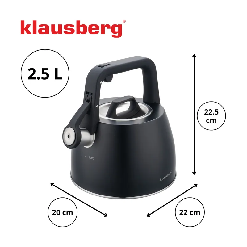 Klausberg Tetera de acero inoxidable con silbato de acero con mango ergonómico