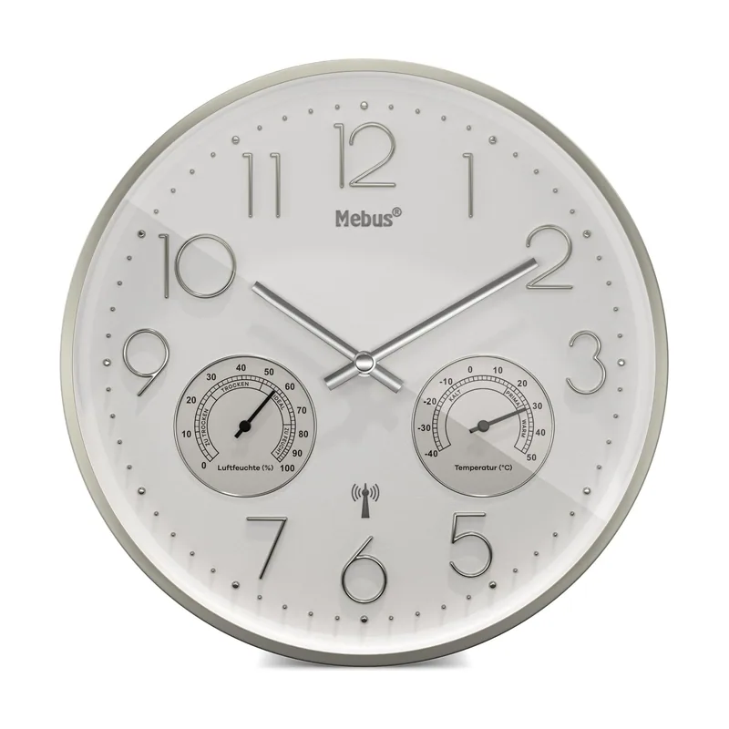 Mebus Reloj de Pared inalámbrico con termómetro e higrómetro silencioso Marco Plateado Blanco Modelo 12989