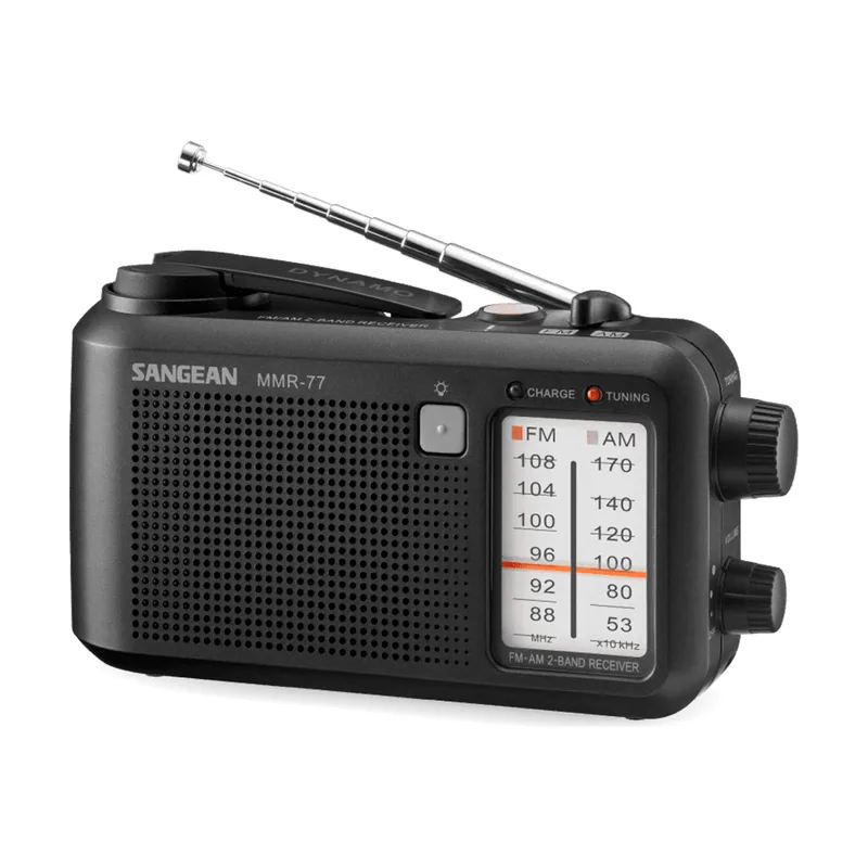 Sangean MMR-77. Radio Am/FM de Emergencia con Varias Opciones de alimentación. por dínamo/batería/Adaptador de CA. Dial de sintonización retroiluminado. Indicador
