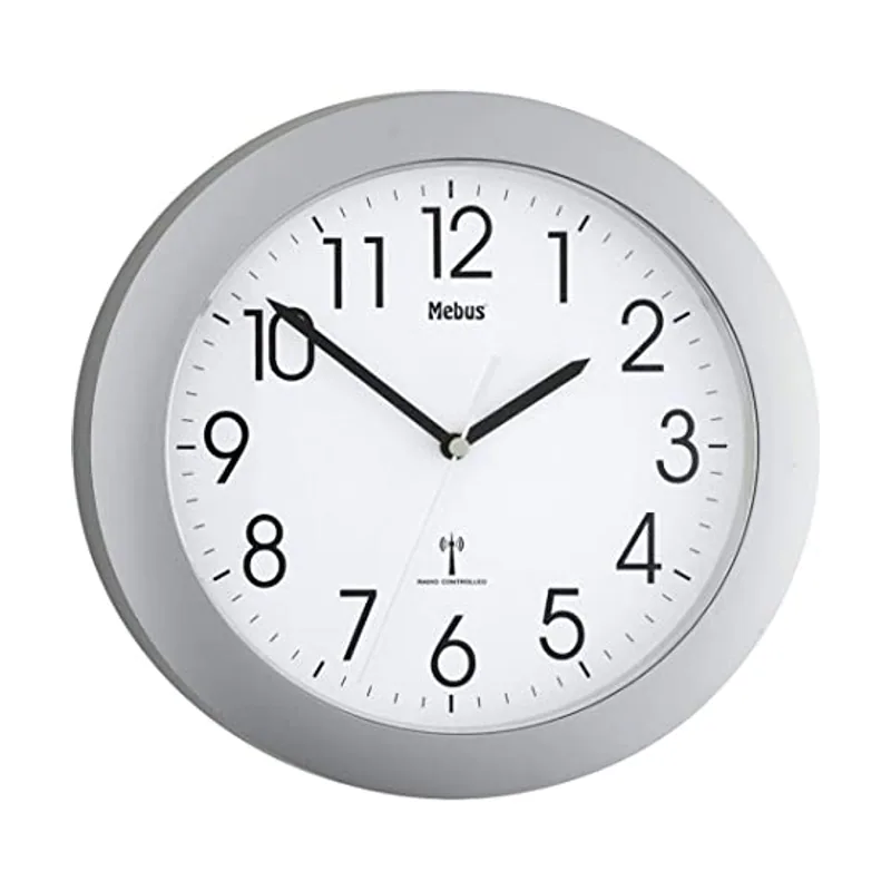 Funk-Wanduhr mit silbernem Rahmen und 25 cm Durchmesser/Farbe Silber/Weiß/Modell 52451