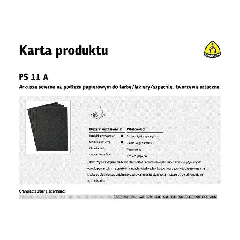 Klingspor arkusze ścierne na podłożu papierowym 230mm x 280mm ps11a na mokro gr. 800 50szt.