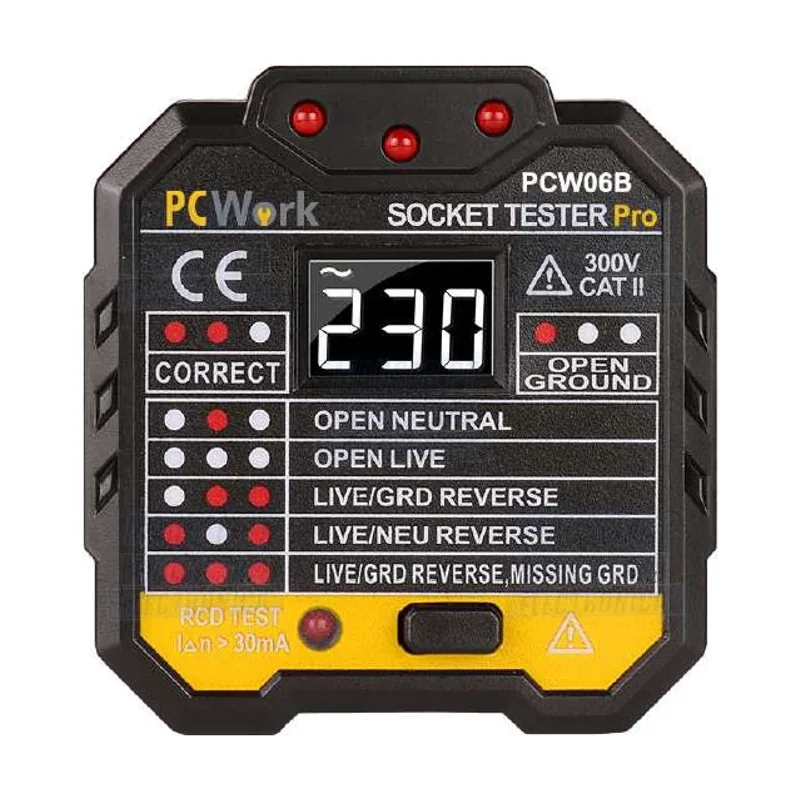 PCWork Comprobador De Enchufes De Red Pantalla Lcd Pcw06b