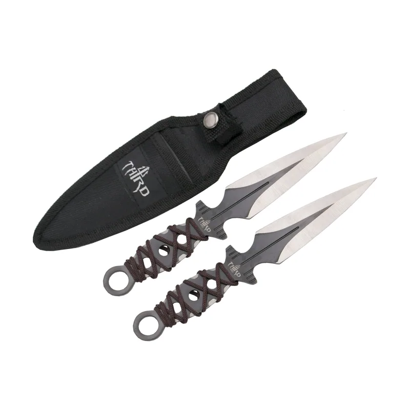 Set de cuchillos lanzadores H7120 de 2 piezas de 21 cm negro de acero 420 con corte satinado y cuerda trenzada en el mango. Incluye funda de nylon
