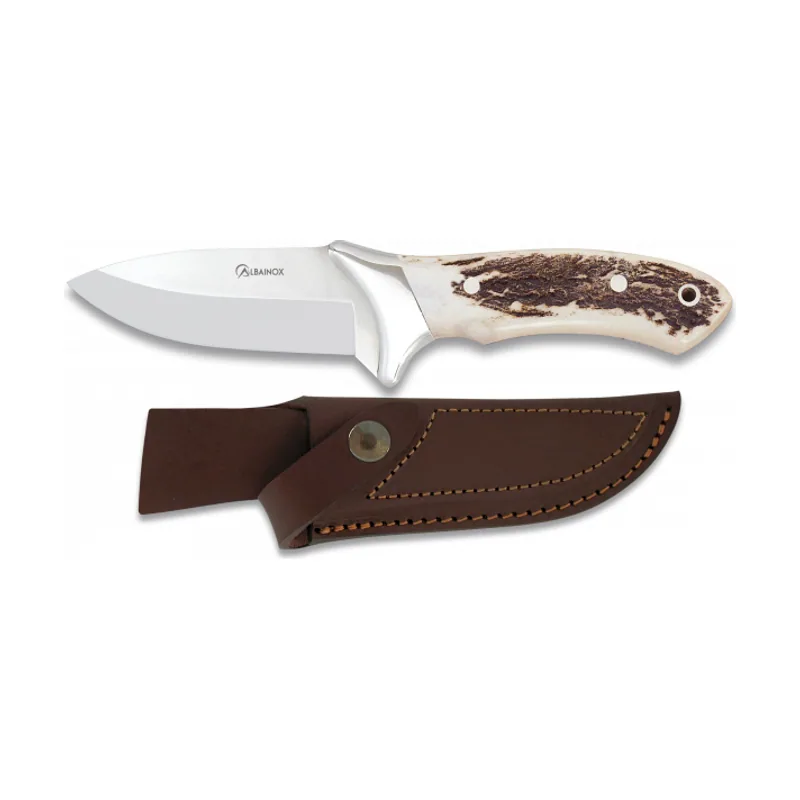 Cuchillo de Caza con Mango de Asta de Ciervo y Hoja en Acero 440 de 11 cm. Incluye funda de piel 31660