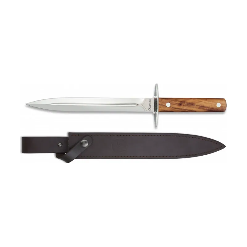 Cuchillo Deportivo Rematador con Mango de Olivo y Hoja de Acero Inox de 24 cm Incluye Funda de Piel 31669