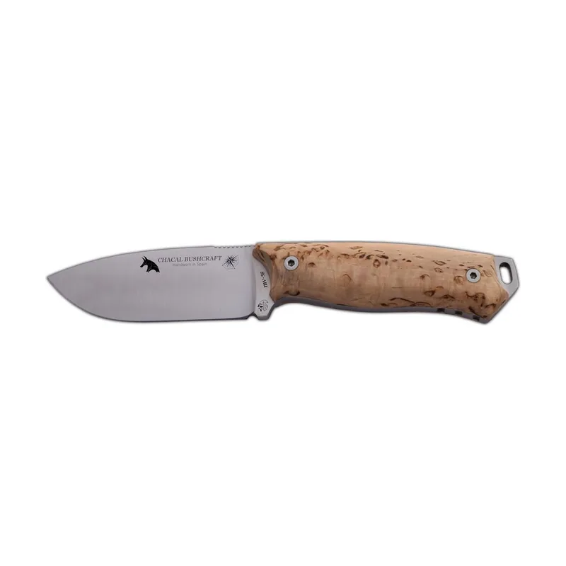 J&V Adventure Knives Cuchillo de Supervivencia CHACAL BUSHCRAFT J&V con mango de Madera natural de abedul rizado