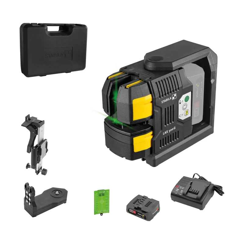 Stabila LAX 500G Cross Line Laser Green 12V Sistema autonivelante con puntos de plomada Alcance máximo 40m Batería CAS y cargador CAS