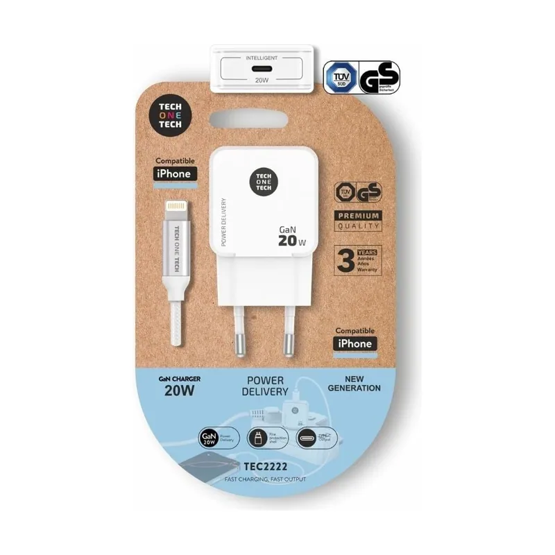 Tech ONE Tech Cargador de pared tec2222 1xusb tipo-c + cable lightning