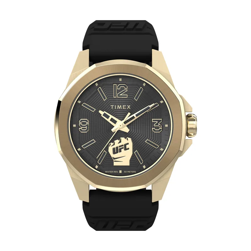 Timex Reloj Hombre UFC Prospect Men's Silicone Caja de Acero Dorado Movimiento de Cuarzo Esfera Negro Correa Silicona Negro con Cierre Hebilla Normal 5 ATM