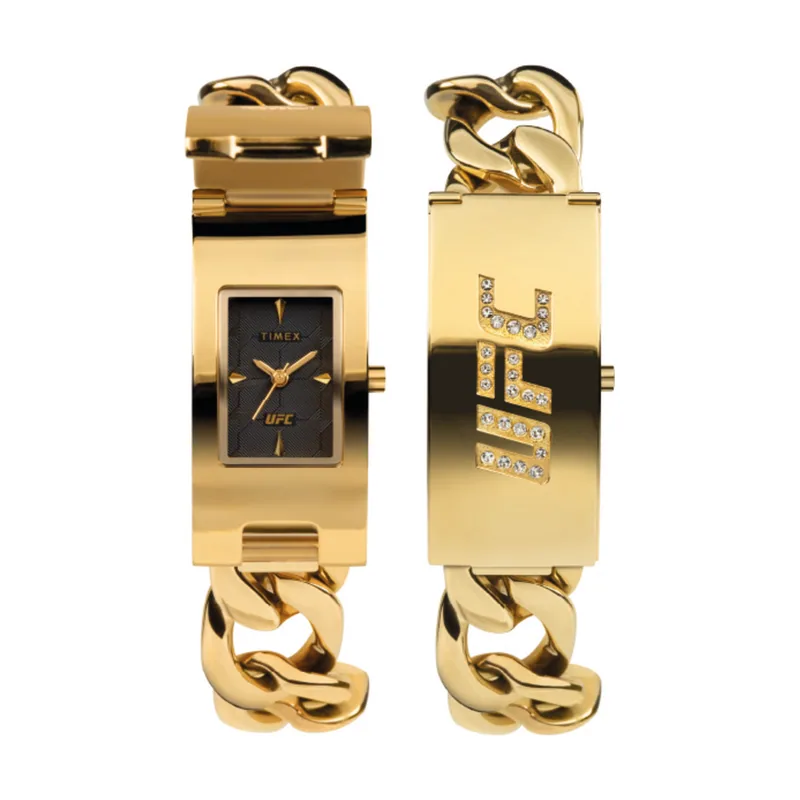 Timex Reloj Hombre UFC Championship Unisex Stainless Steel Caja de Acero Dorado Movimiento de Cuarzo Esfera Negro Brazalete Acero Dorado con Cierre Joyería 5 ATM