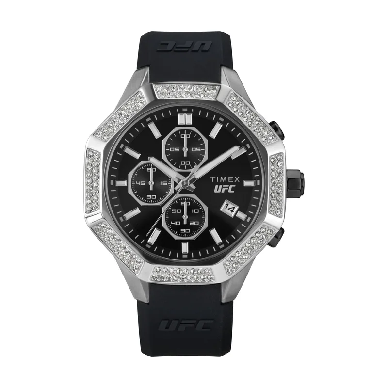 Timex Reloj Hombre UFC King Men's Silicone Caja de Acero Plateado Movimiento de Cuarzo Esfera Negro Correa Silicona Negro con Cierre Hebilla Normal 5 ATM