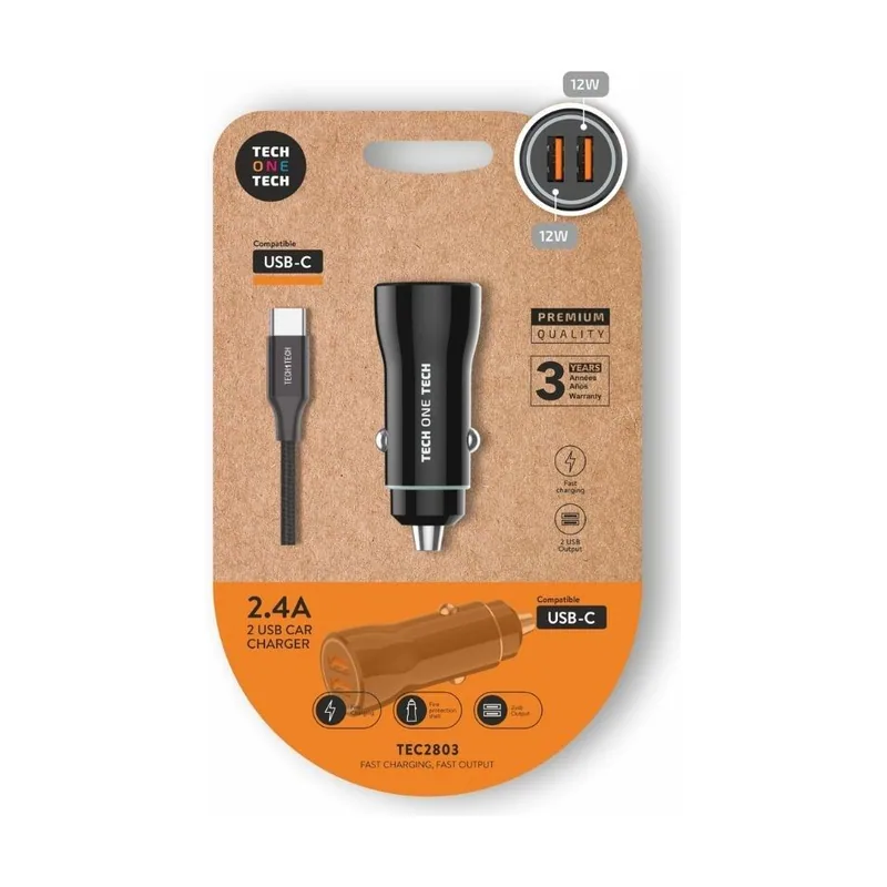 Tech ONE Tech Cargador de coche tec2803 2xusb + cable usb tipo-c